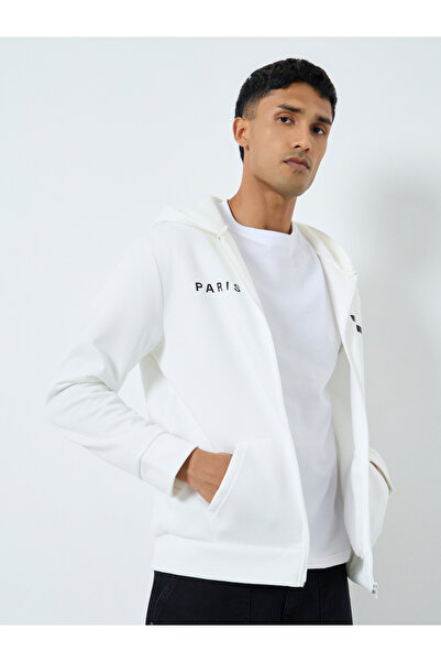 Take Two By Styli Men White Zip-Up Inner Fleece Hooded Jacket