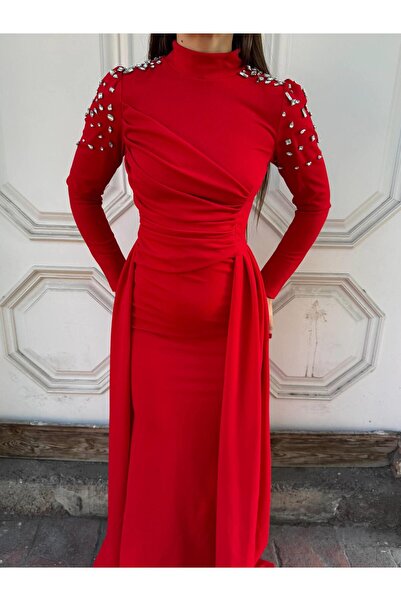 Modafeminen Shoulder Stone Details with Special Drapes Dress 583341 Red