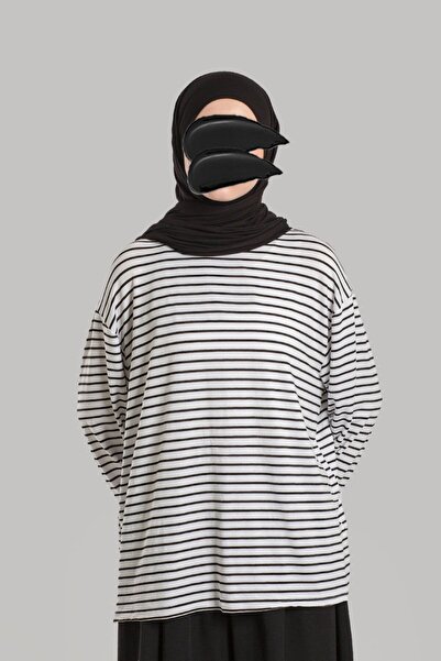 Emare تي شيرت طويل الأكمام مخطط للمحجبات - أبيض