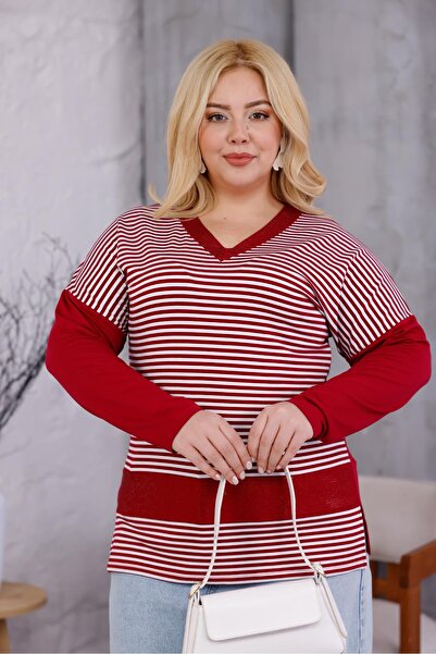Siyezen Plus Size Striped V-Neck Blouse with Stones