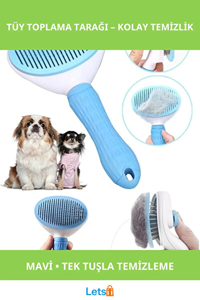 Letsii فرشاة تنظيف شعر القطط والكلاب ذاتية التنظيف باللون الأزرق