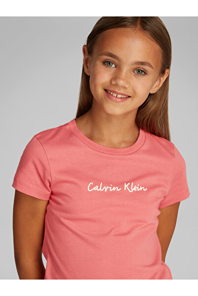 Calvin Klein Girls Deep Crimson Fruit Script Logo Slim Short Sleeve T-Shirt
