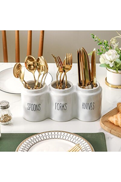 NALACAL Ceramic Silverware Utensil Holder — Countertop Cutlery Organizer (White) -