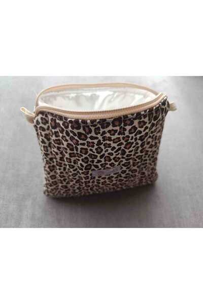 Handmade Leopar Desenli Saten Astarlı Makyaj Çantası - Elyaf Dolgulu