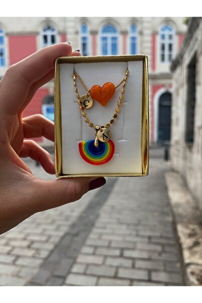 nergis collection Murano Gökkuşağı -Turuncu Kalp İkili Harfli Tasarım Kolye