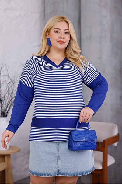 Siyezen Plus Size Striped V-Neck Blouse with Stones