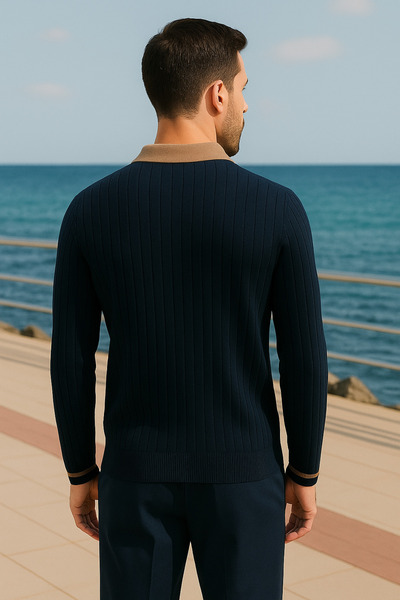 Maccali Чоловіча смугаста довга рукава темно-синя широка сорочка з коміром-поло