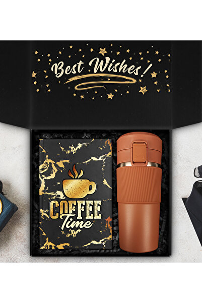 Apollon Gift Shop 400 ML Kahverengi Süzgeçli Çelik Termos & Özel Tasarım Defter Hediye Seti