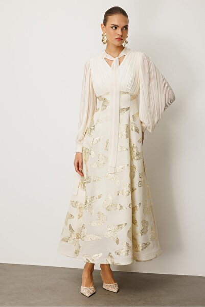 Nefeli Yaka Şal Bağlama Pilise Detaylı Jakar Abiye EKRU