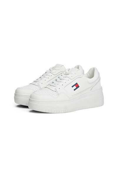 Tommy Hilfiger Women Ecru Retro Platform Basketball Leather Lace Up Leather Sneakers