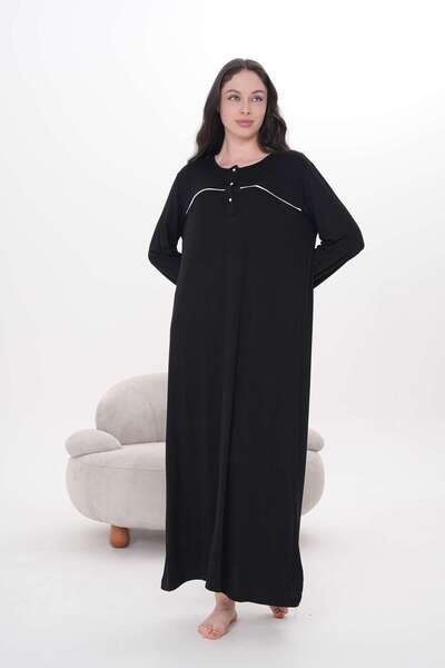 BLACKMORE Women's Black Piped Cotton Long Sleeve Plus Size (Oversize) Nightgown