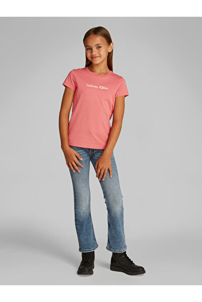 Calvin Klein Girls Deep Crimson Fruit Script Logo Slim Short Sleeve T-Shirt