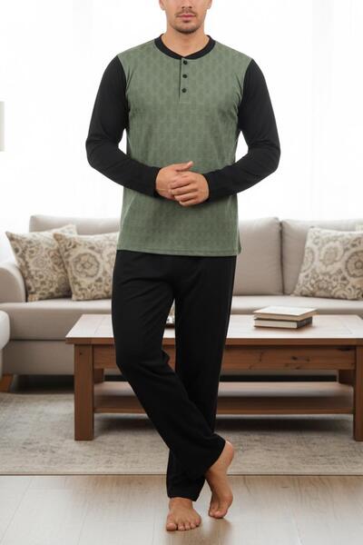 Jiber Чоловічий зелений піжамний комплект з ґудзиками 15314