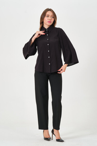 RELAXL Plus Size High Waist Pleated Black Fabric Pants Women