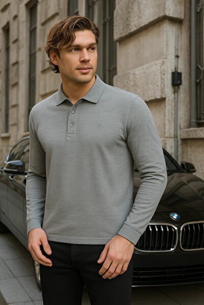 Maccali Men's Casual Long Sleeve Basic Gray Polo Neck T-Shirt