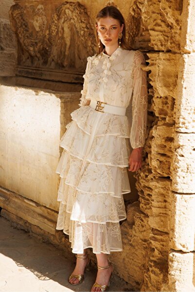 Nefeli Kat Kat Volanlı Dantel Elbise EKRU