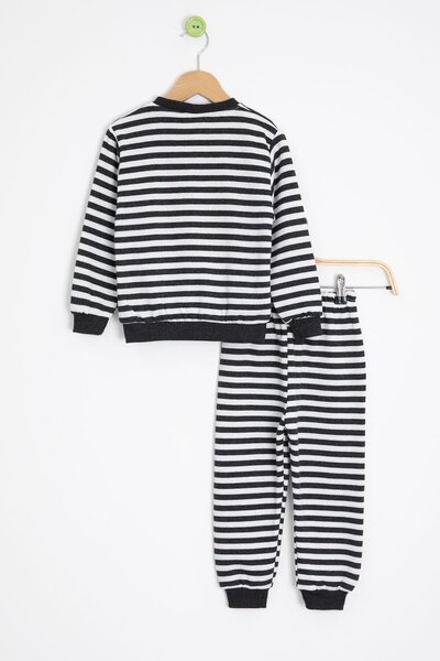 Cansın Mini Smoked Boy's Smiling Face Embroidered Striped Fleece-Lined Set 23312