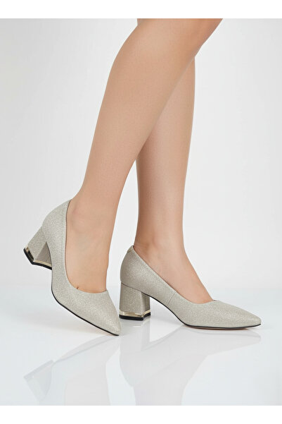 Elit Gizem 203 Gold Glitter Detailed Comfortable Evening Dress Women's Heeled Shoes