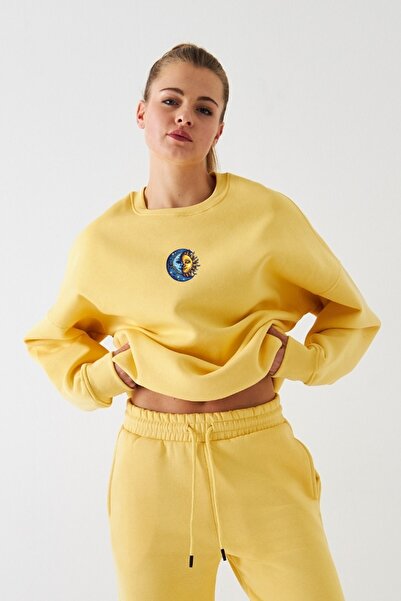 The Champ Clothing Γυναικείο φούτερ oversized Sun & Moon με τύπωμα Yellow – Crew Neck, 3 Thread Ş επένδυση fleece Fleece
