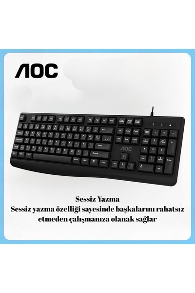 Aoc KB120 Kablolu Klavye – Entegre Avuç İçi Desteği, Düşük Profilli Sessiz Tuşlar, Tak-Çalıştır USB