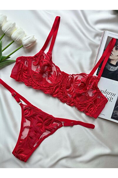 La Linaa Mona Red Lace & Tulle Bra Panty Set