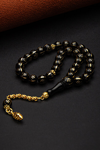 OTTOTESBİH Sertifikalı Altın Kaplama Gümüş Püskül 7.5mm İşlemeli Oltu Tesbih