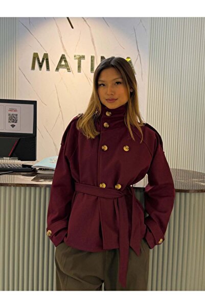 MODAMERSİ Women's Burgundy Mock Neck Belt Detailed Lined Short Trench Coat