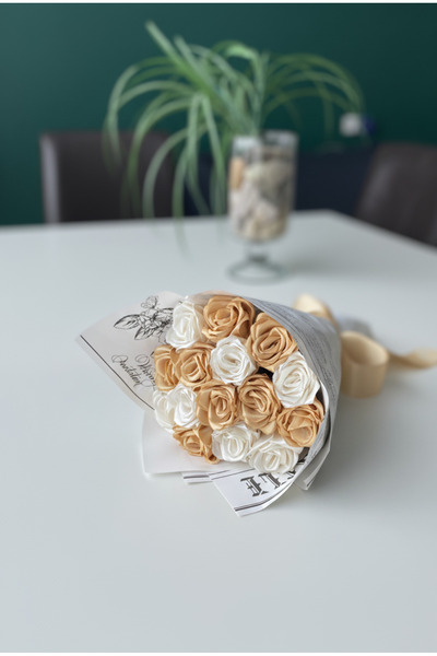 Buketim Seninle باقة من 15 وردة ذهبية وبيضاء لا تبهت، زهرة ساتان، هدية للأصدق...