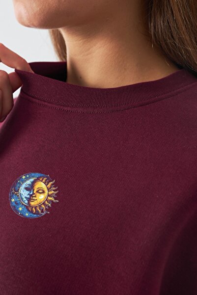 The Champ Clothing Γυναικείο φούτερ oversized Sun & Moon με τύπωμα Claret Red – Crew Neck, 3 Thread Ş επένδυση fleece Fleece