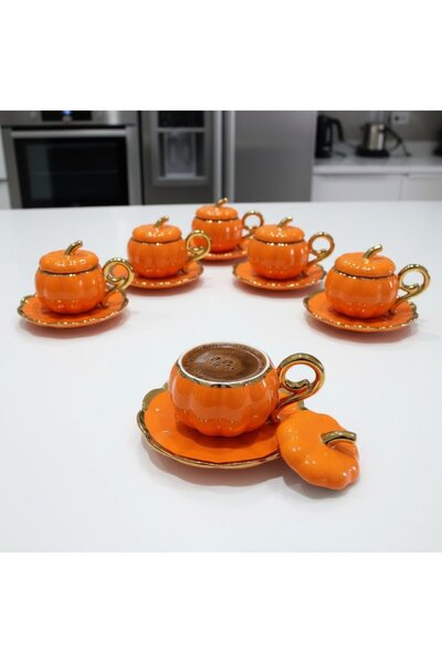 FAIR HOME Gilded Lid Porcelain Orange Pumpkin Coffee Cup Set – for 6 People