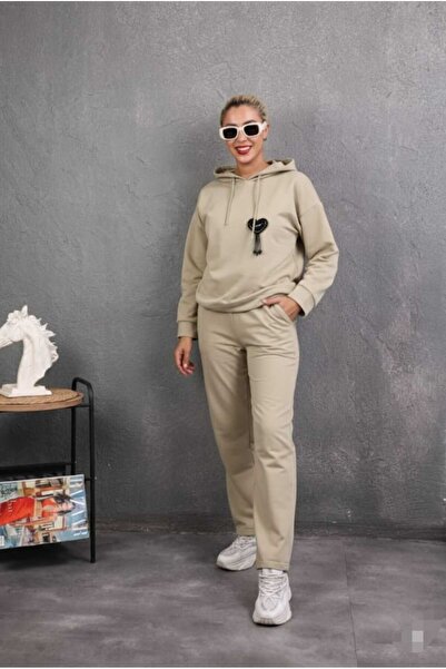 aytenli Hooded ;Stone Embroidered Heart Figured Single Jersey Sports Casual Suit