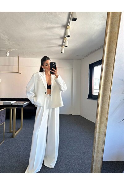 FMN Collection oversize tek düğme astarlı premium A kalite blazer ceket palazzo pantolon tasarım takım