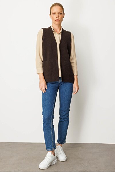 Desen Triko Women's V-Neck Steel Knit Wool Mother Vest Dark Brown