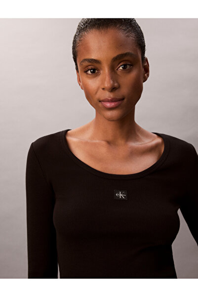 Calvin Klein Women Black Ribbed Cotton Long Sleeve Scoop Neck Top
