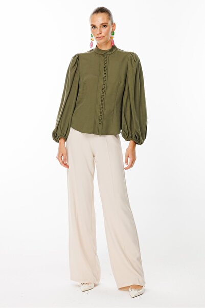 Nefeli Balon Kol Birit Düğmeli Gömlek HAKİ