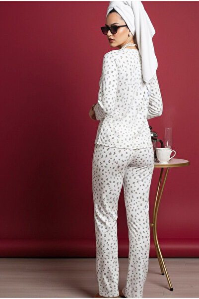 Siyah İnci ekru çiçek desenli Pamuklu Fitilli Kaşkorse Örme Pijama Takım