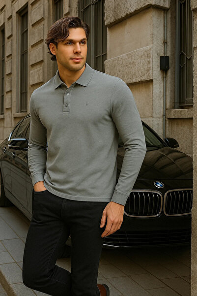 Maccali Men's Casual Long Sleeve Basic Gray Polo Neck T-Shirt