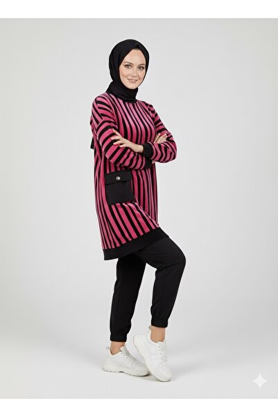 Kırmızı iz Kadife tunik tesettür tunik çizğili kadife tunik kışlık tunik