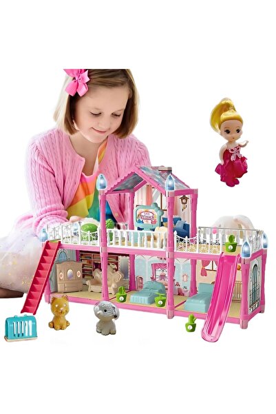 MACVI ® Dollhouse, 179 pcs, 2 floors, 6 rooms, furniture & accessories, pink, 3+ yrs.