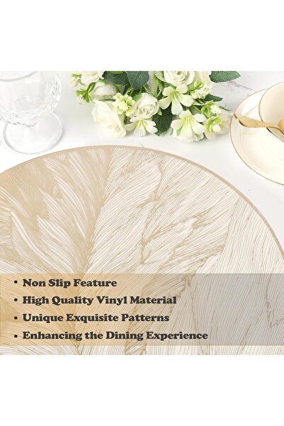 Generic Set of 6 Gold Vinyl Round Placemats, Water- and Oil-Resistant, Floral Pattern