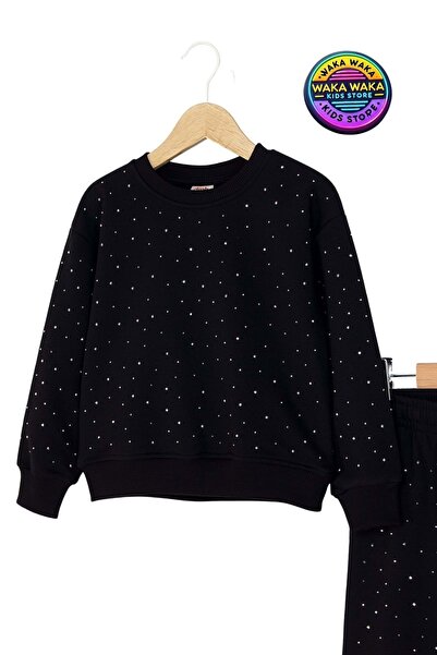 ww waka waka kids store Girl's Pink Stone Detailed Tracksuit Set – Sparkling Stylish and Comfortable Design