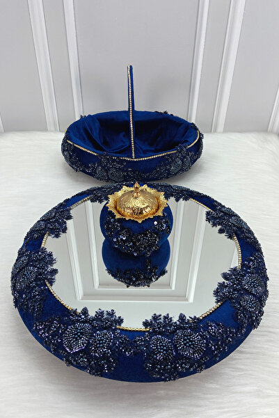 ZEYMERADE طقم عروس من المخمل المرآة المزين بالتطريز باللون الأزرق الداكن، منا...