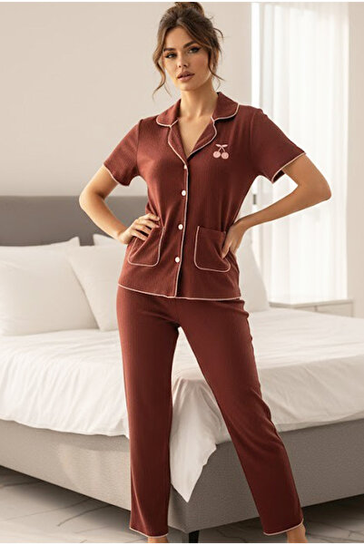 Siyah İnci Tile Cherry Embroidered Pocket Wrinkled Short Sleeve Buttoned Knitted Pajama Set 7940