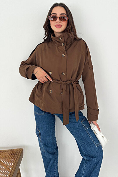 MODAMERSİ Women's Brown Mock Neck Belt Detailed Lined Short Trench Coat