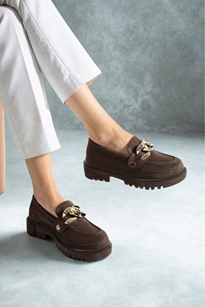 Hepici Loafers Tokası Değişebilen Günlük Kadın Süet Kahverengi Ayakkabı