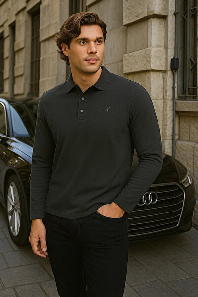 Maccali Men's Casual Long Sleeve Basic Smoked Polo Neck T-Shirt