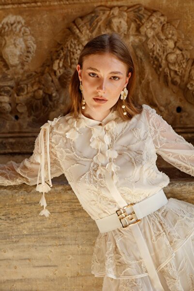 Nefeli Kat Kat Volanlı Dantel Elbise EKRU