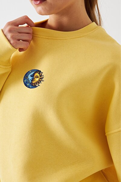 The Champ Clothing Γυναικείο φούτερ oversized Sun & Moon με τύπωμα Yellow – Crew Neck, 3 Thread Ş επένδυση fleece Fleece