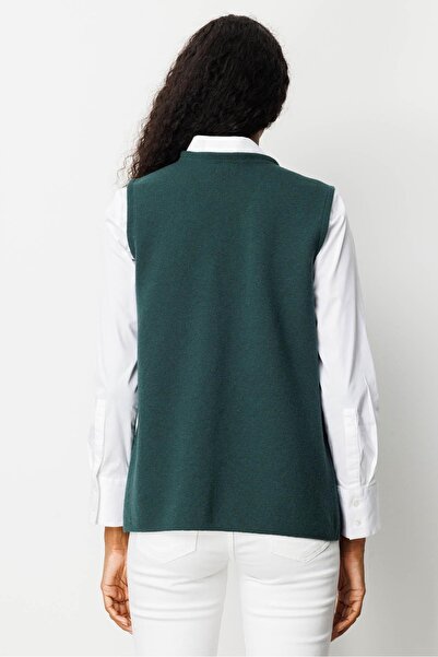 Desen Triko Women's V-Neck Steel Knit Wool Mother Vest Green