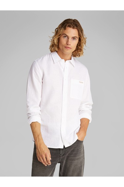 Calvin Klein Men Bright White Regular Linen Cotton Blend Shirt
